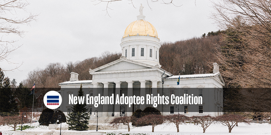 Picture of Vermont state house in winter with text overlay of New England Adoptee Rights Coalition
